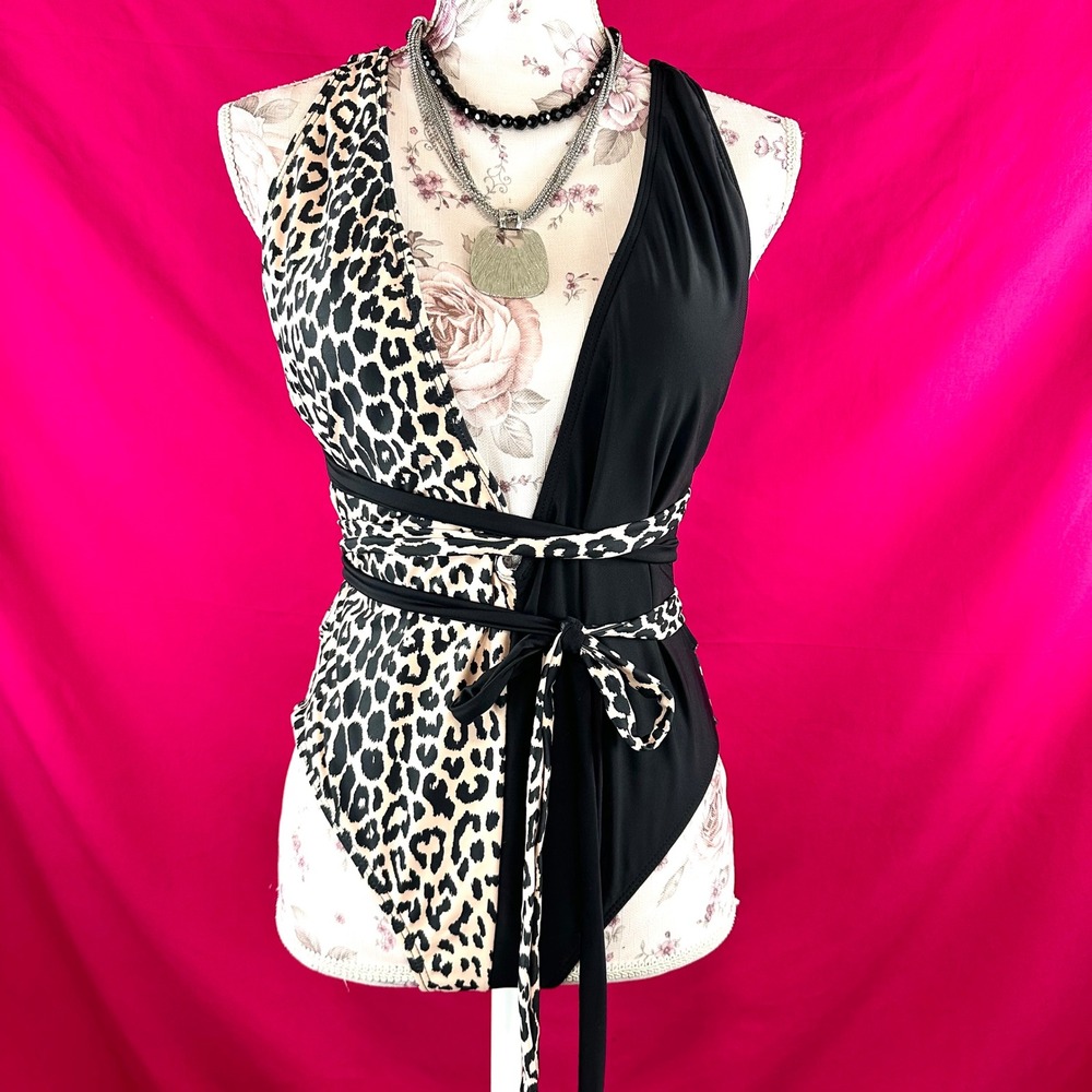 Leopard Print Black One‎ Piece Swimsuit Padded V Neck Wrap Around Sexy XL